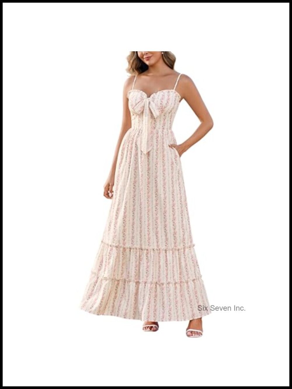 Womens Floral Smocked Front Tie Tiered Maxi Dress with Pockets